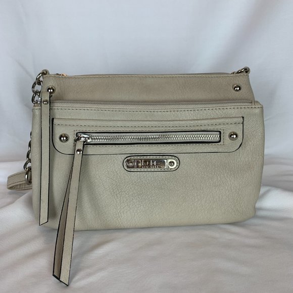 Nicole by Nicole Miller Handbag Crossbody Purse Beige Multi Zippers Adjust Strap - Picture 4 of 16